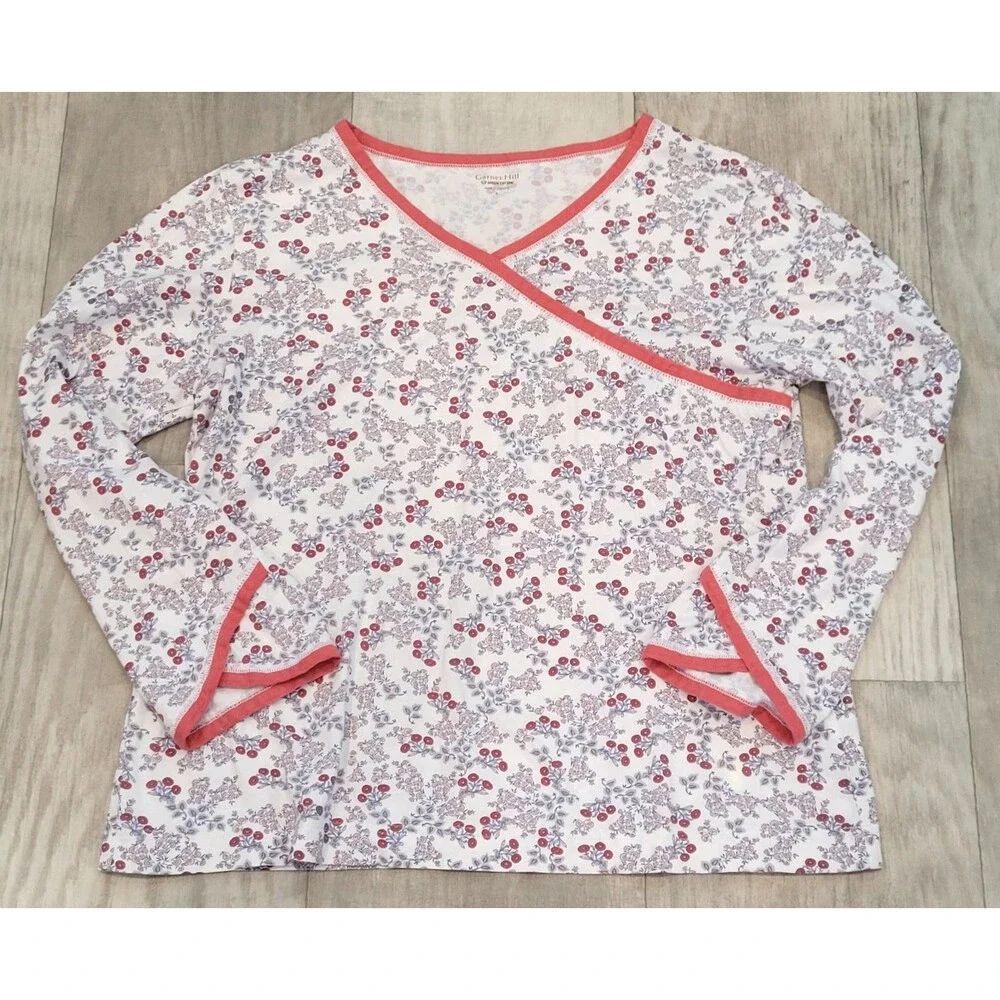Garnet Hill Size S Asian Wrap Floral Organic Cotton Pajama Top Lounge Sleepwear